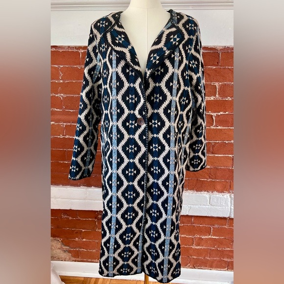 Anama Southwestern Geometric Tapestry Coat Blue Black Woven Jacket NWT Size M - Picture 3 of 17